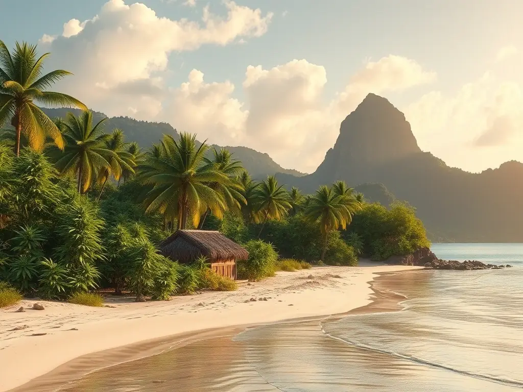 A picturesque cannabis farm on a tropical island in southern Thailand, with palm trees and white sand beaches in the background. The image should evoke a sense of paradise and relaxation, blending cannabis with the beauty of the Thai islands.