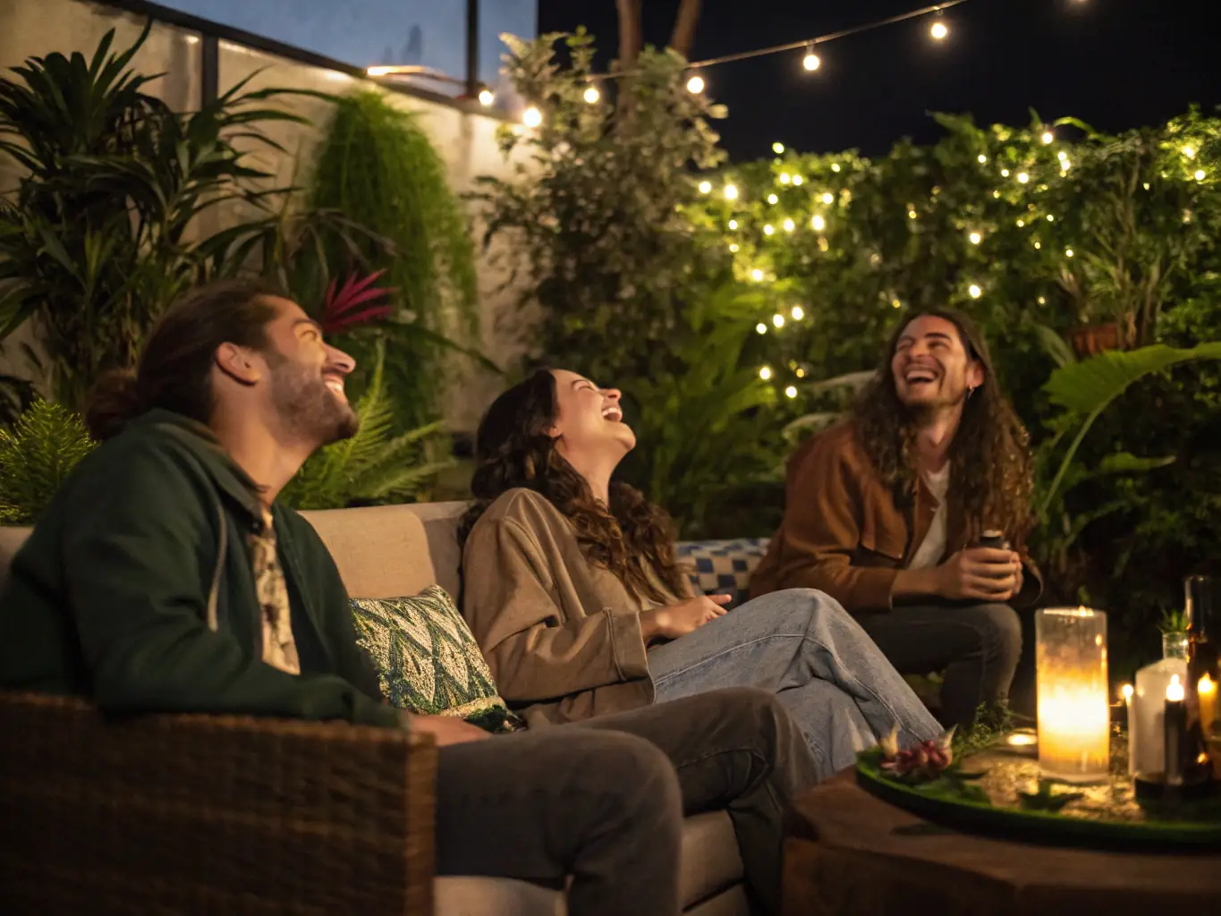 A group of tourists enjoying cannabis in a relaxed, indoor setting with comfortable seating and ambient lighting. The image should convey a sense of community and enjoyment, highlighting the social aspect of cannabis consumption.