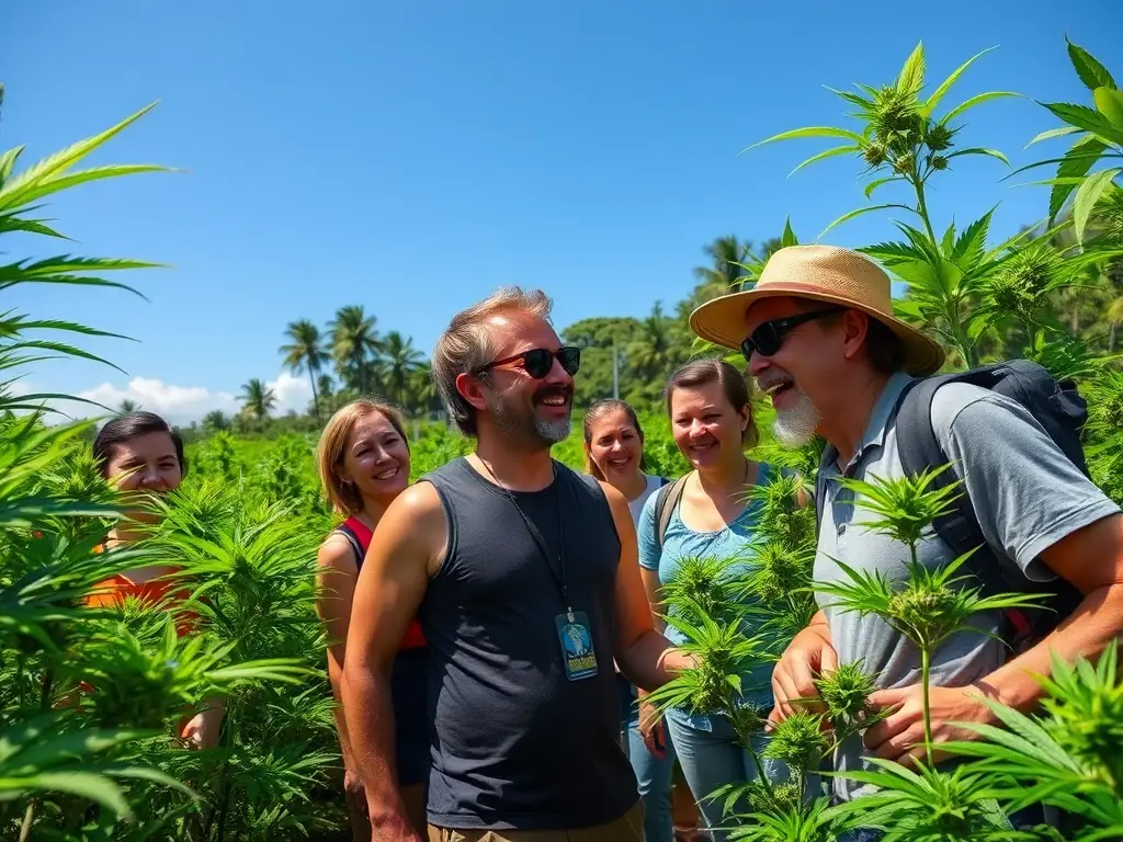 A lush green cannabis farm in Chiang Mai, Thailand, showcasing rows of healthy plants under the tropical sun. The image should convey a sense of tranquility and natural beauty, highlighting the agricultural aspect of the cannabis industry.