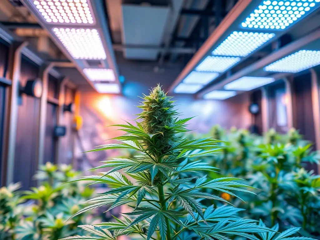 A modern, high-tech cannabis greenhouse in Bangkok, featuring advanced climate control systems and hydroponic cultivation. The image should emphasize innovation and scientific precision in cannabis production.